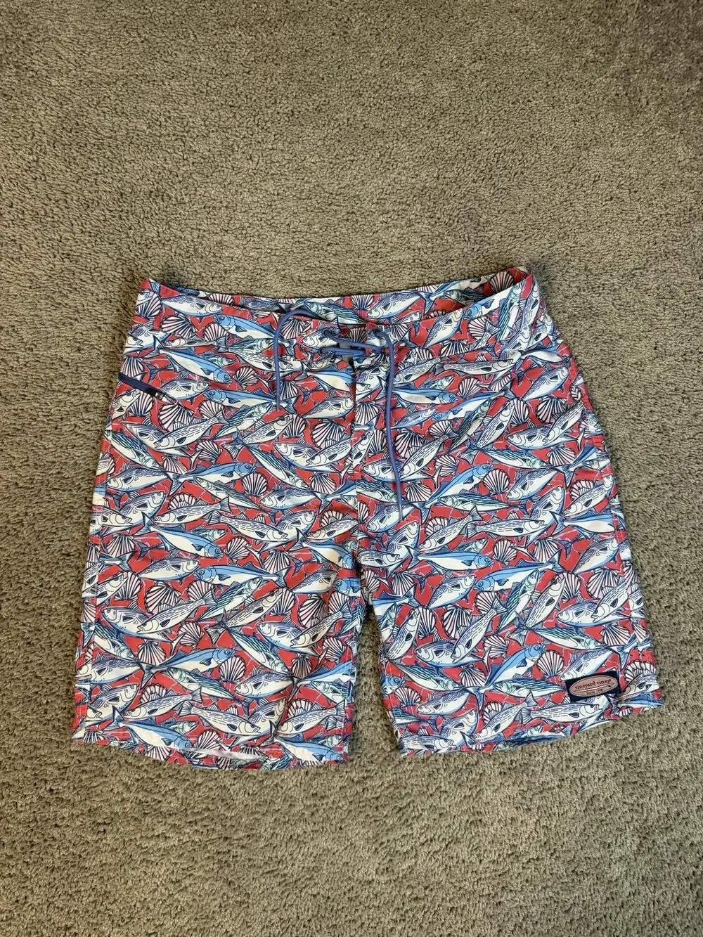 Vineyard Vines Swim Trunks Mens 36 Red Fish Print Lined Shorts Drawstring